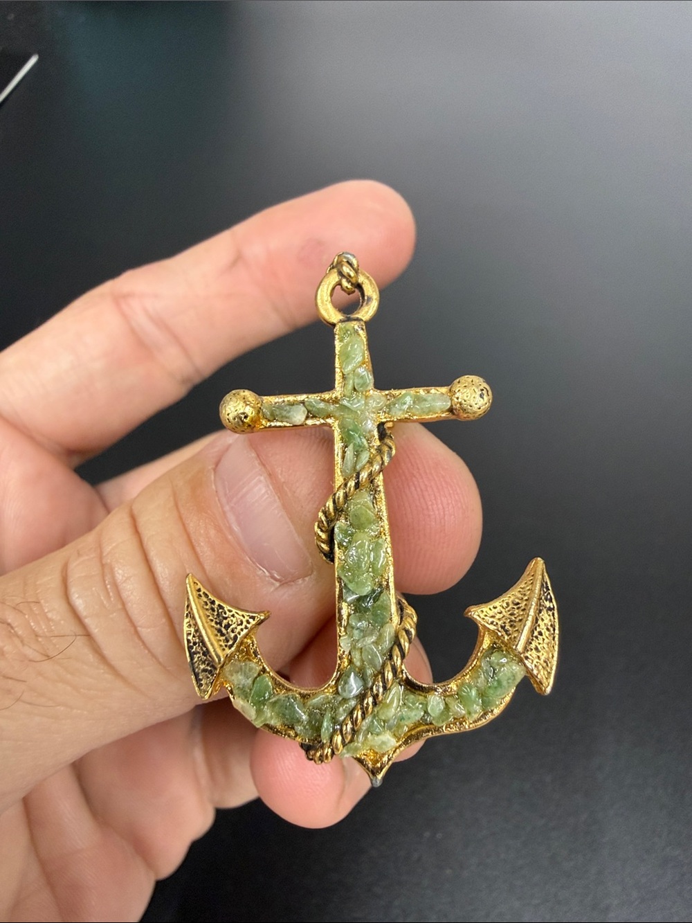 Gold-Tone Anchor Brooch with Green Inlay